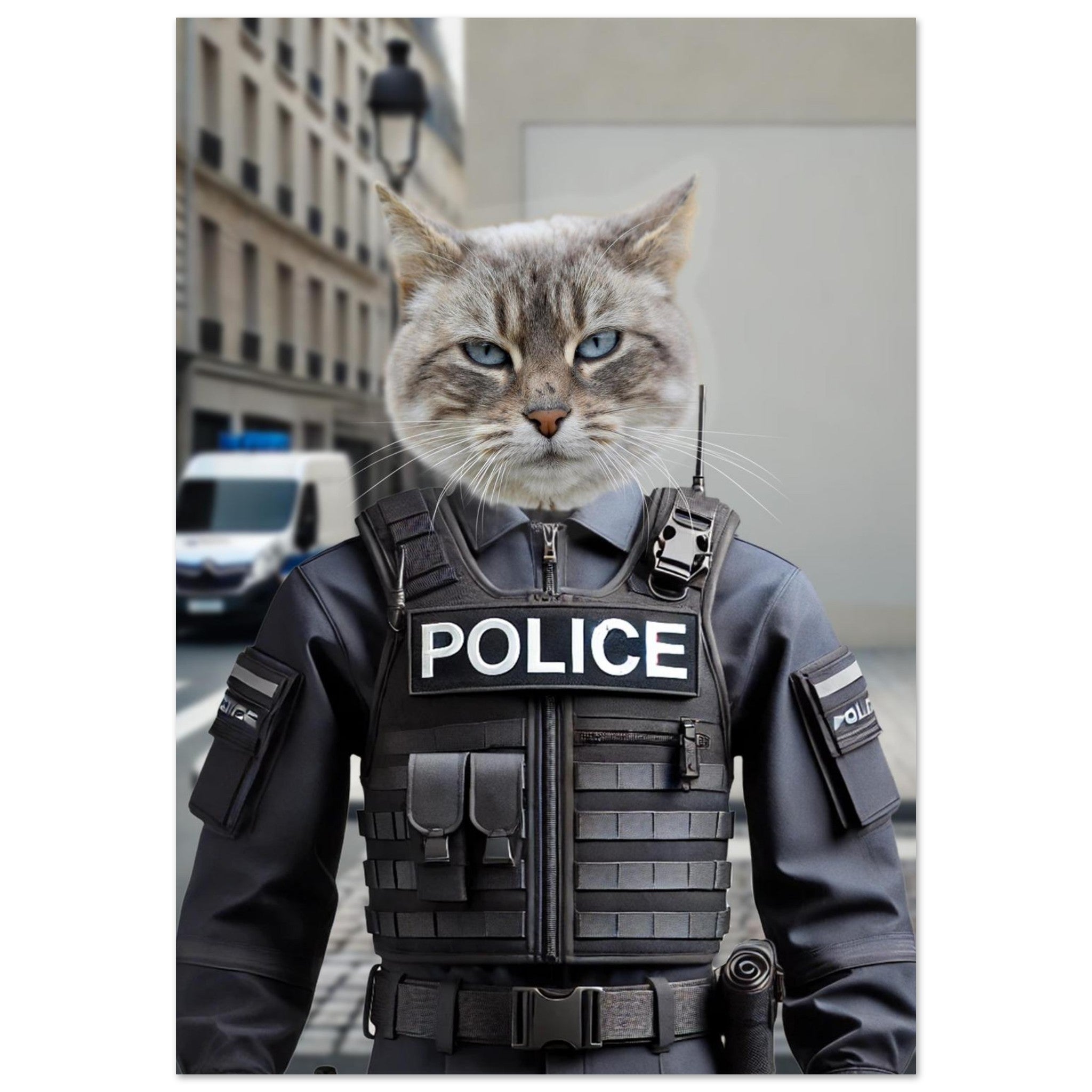 Tête de chat gris à yeux bleus sur un corps en uniforme de police tactique avec gilet pare-balles POLICE, rue urbaine avec fourgonnette floue en arrière-plan.
