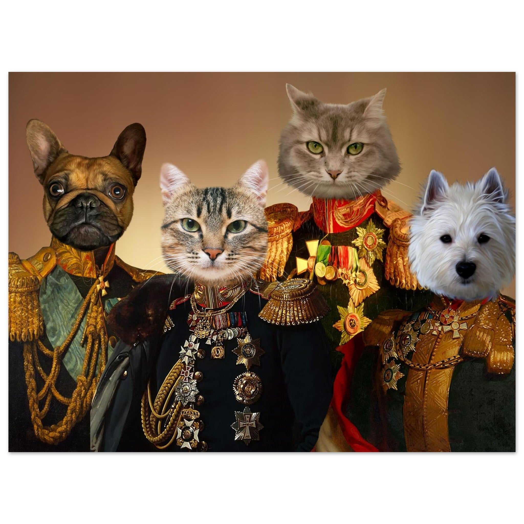 Portrait humoristique de quatre animaux aristocratiques (un bouledogue français, un chat tigré, un chat gris à poil long et un westie) vêtus d’uniformes militaires d’inspiration napoléonienne richement décorés de médailles et d’épaulettes dorées sur fond marron dégradé.