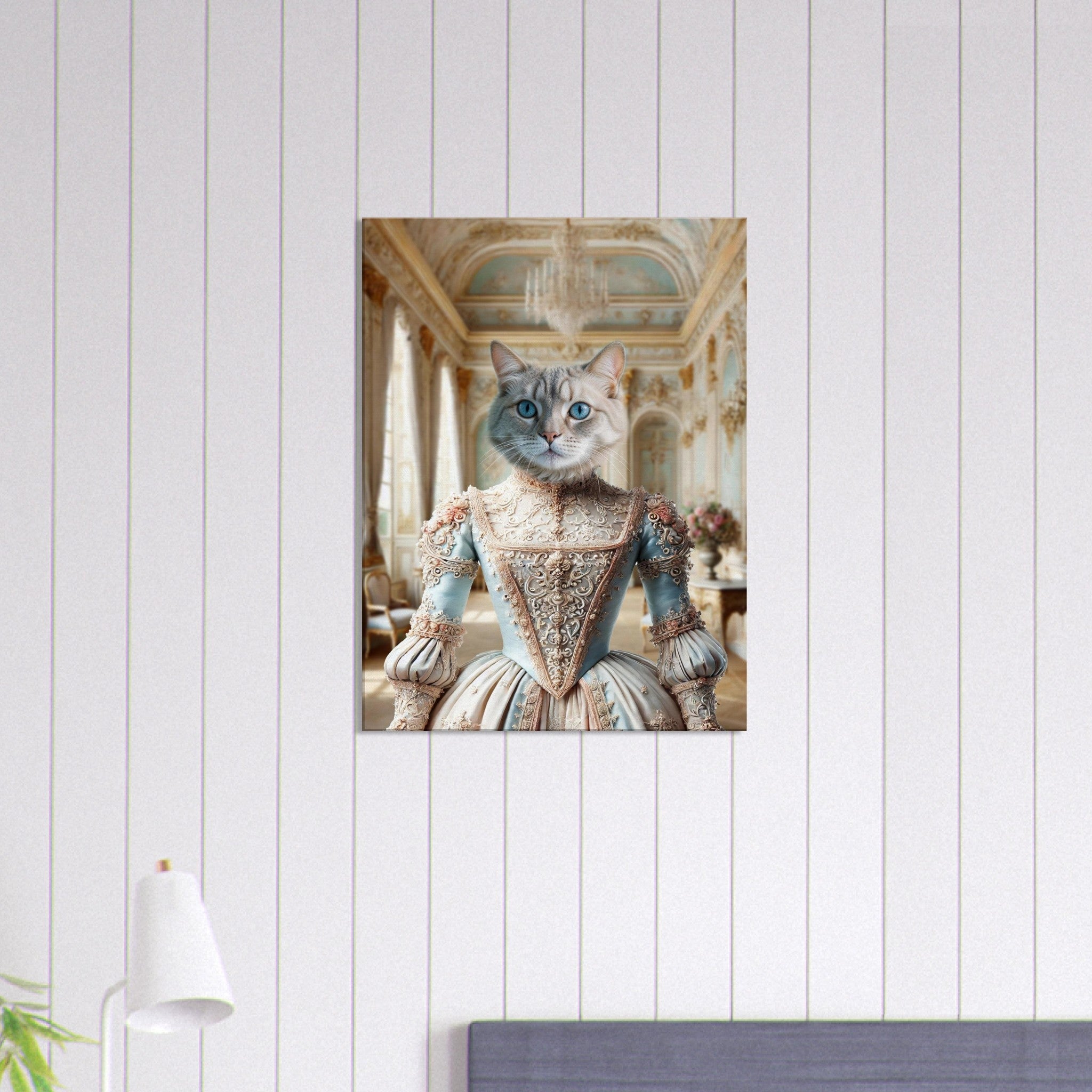 Portrait digital d’un chat aristocrate aux yeux bleus, vêtu d’une somptueuse robe rococo bleu pastel et broderies dorées, posé dans un salon baroque richement orné de moulures et d’un grand lustre en cristal.