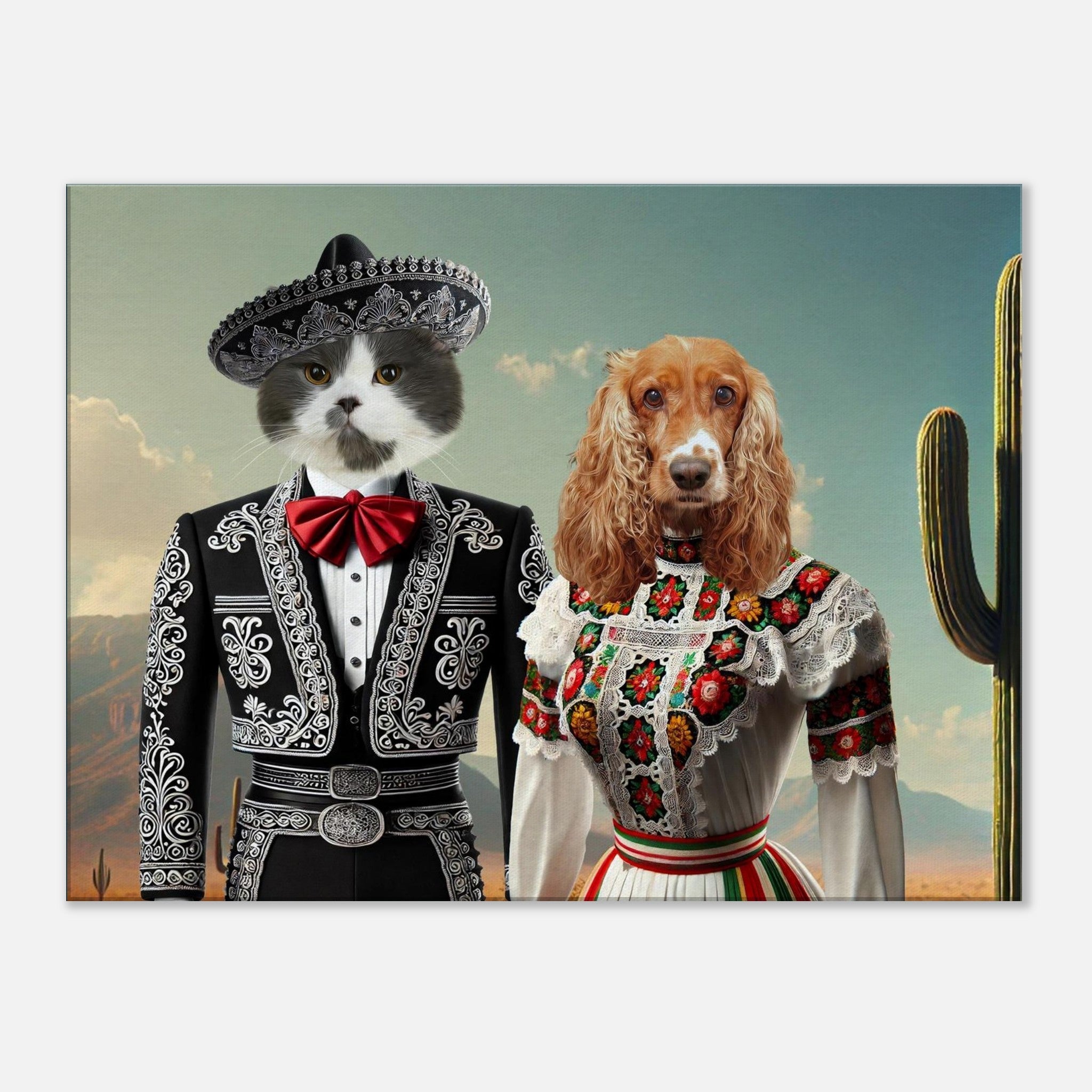 Chat moustachu en costume de mariachi noir brodé et chapeau sombrero, à côté d’un chien cocker roux en robe folklorique mexicaine colorée, devant un paysage désertique avec cactus.