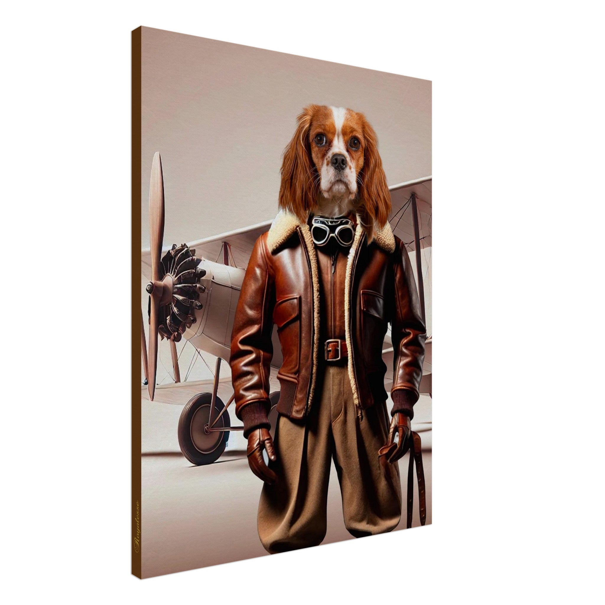 Chien Cavalier King Charles en tenue d’aviateur vintage (veste en cuir marron, gants et lunettes), debout devant un avion biplan à hélice sur fond neutre
