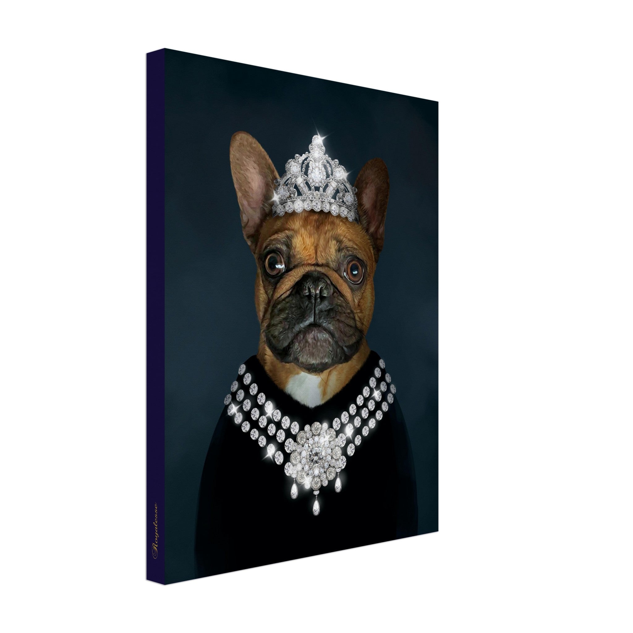 Portrait personnalisé de chien élégant en tenue royale, imprimé en France sur toile de papier FSC, pour une déco distincte et raffinée.