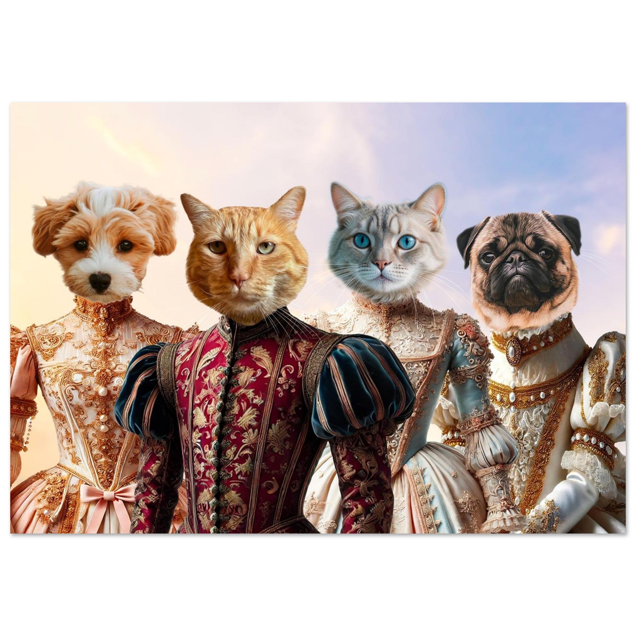 Quatre animaux anthropomorphes – deux chiens (un bichon caramel et un carlin) et deux chats (un roux et un à yeux bleus) – vêtus de somptueux costumes d’inspiration Renaissance sur un fond de ciel aux teintes pastel.