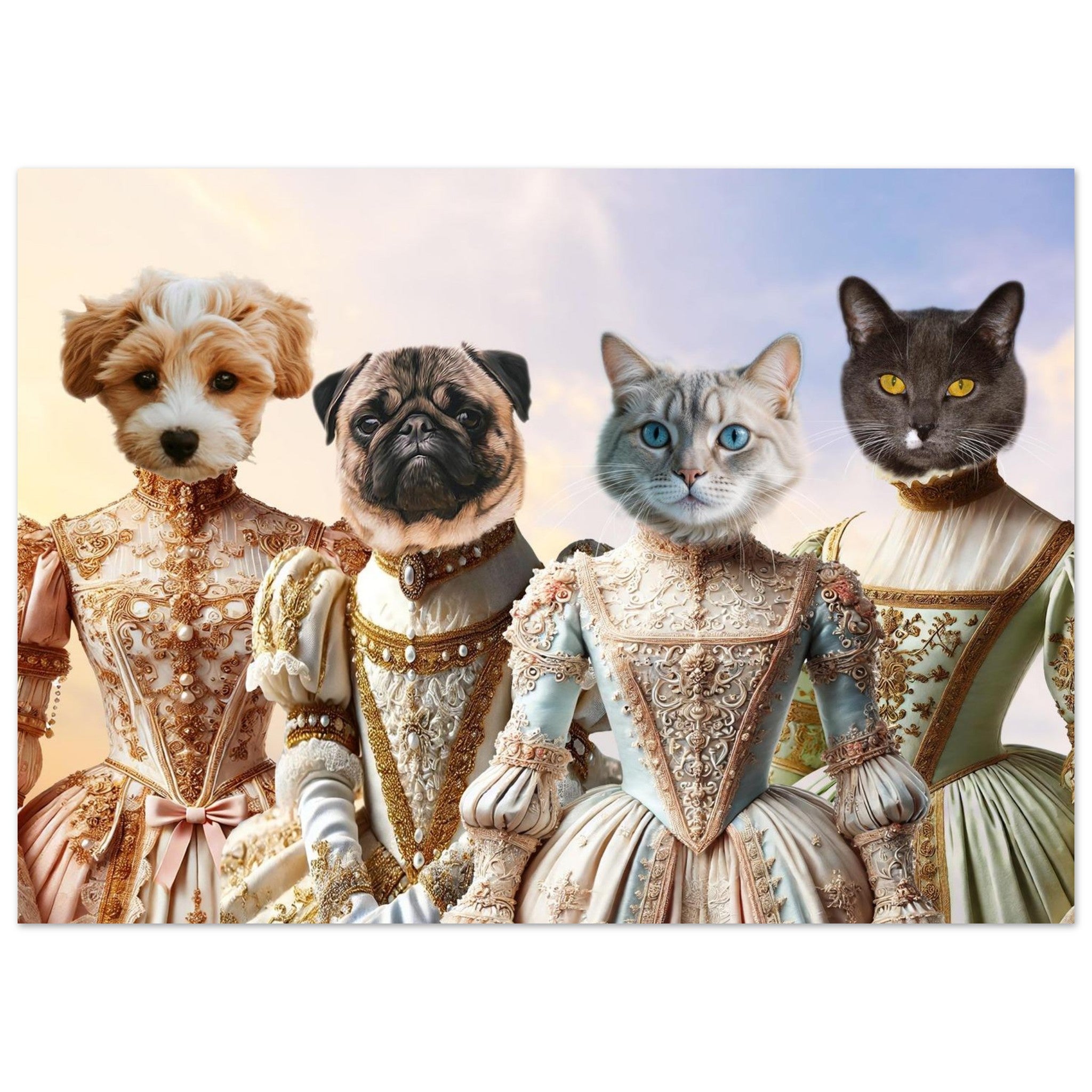 Quatre animaux anthropomorphes (deux chiens et deux chats) posant en portraits, vêtus de somptueuses robes baroques crème et or : un chiot blanc et marron en robe rose perlée, un carlin en tenue blanche et dorée, une chatte aux yeux bleus en robe pastel ornée d’arabesques, et un chat gris aux yeux jaunes habillé d’une élégante robe vert pâle.