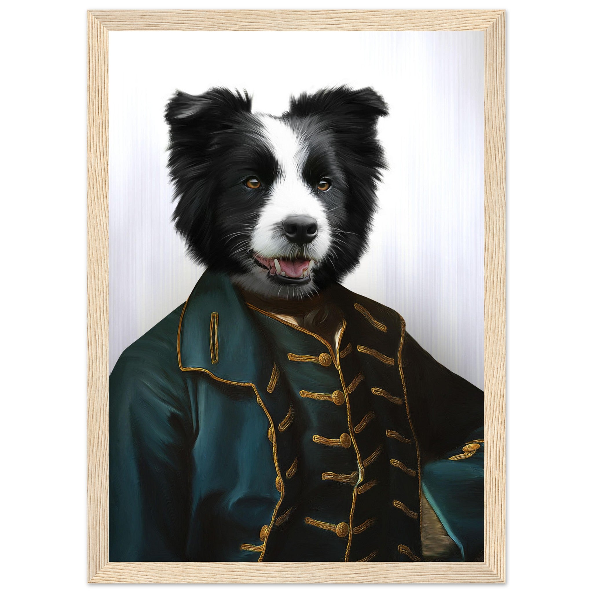 Portrait encadré d'un chien en costume aristocratique, imprimé en France sur papier FSC, prêt à accrocher, cadre en bois de pin.