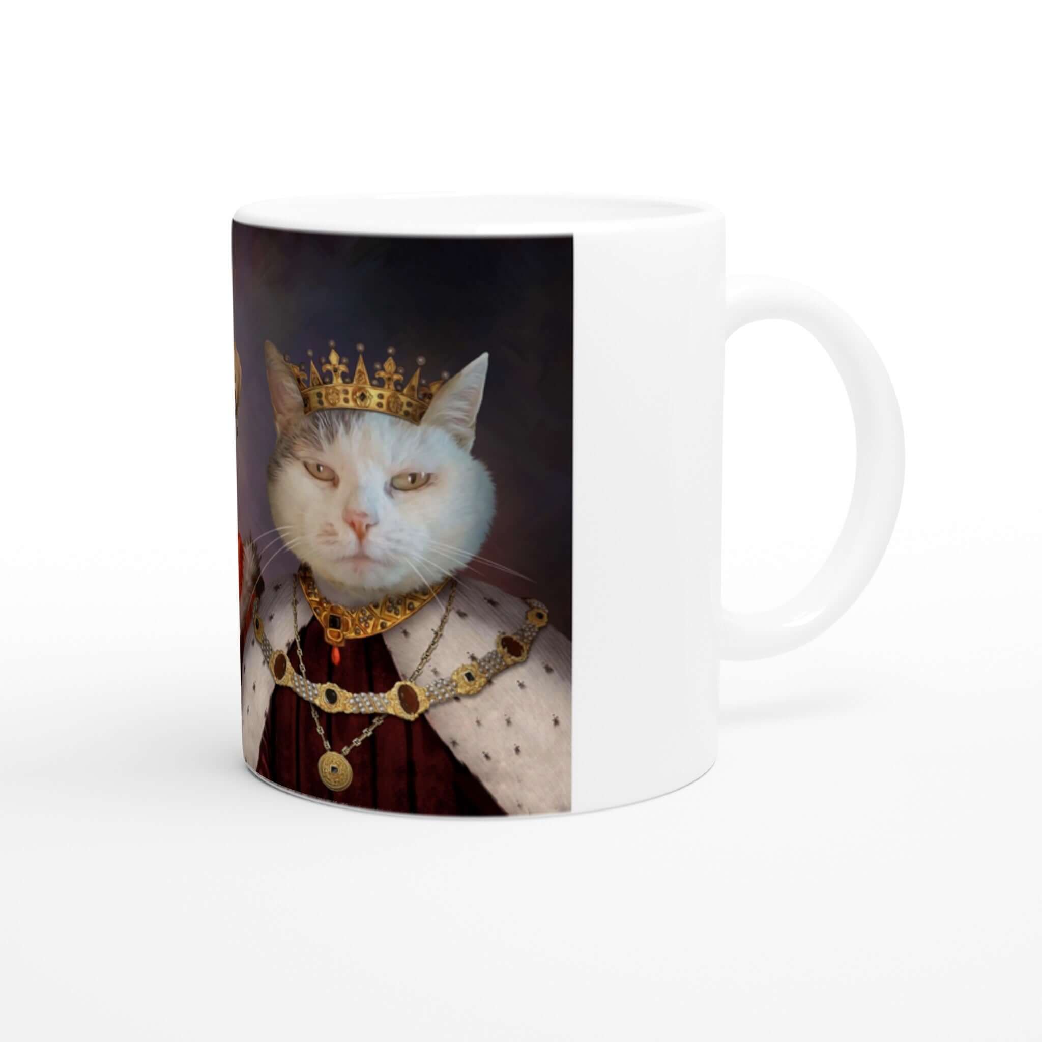 Mug en céramique imprimé en France avec portrait de chat en costume royal, personnalisé, papier FSC. Élégant et original pour café ou thé.