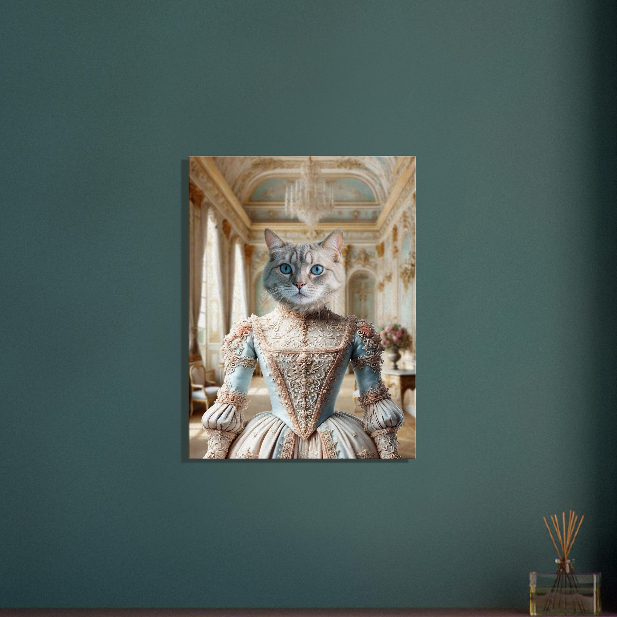Chat gris aux yeux bleus posé sur un corps en robe rococo bleu pastel et crème richement brodée, dans un élégant salon de palais baroque orné de moulures et d’un grand lustre.