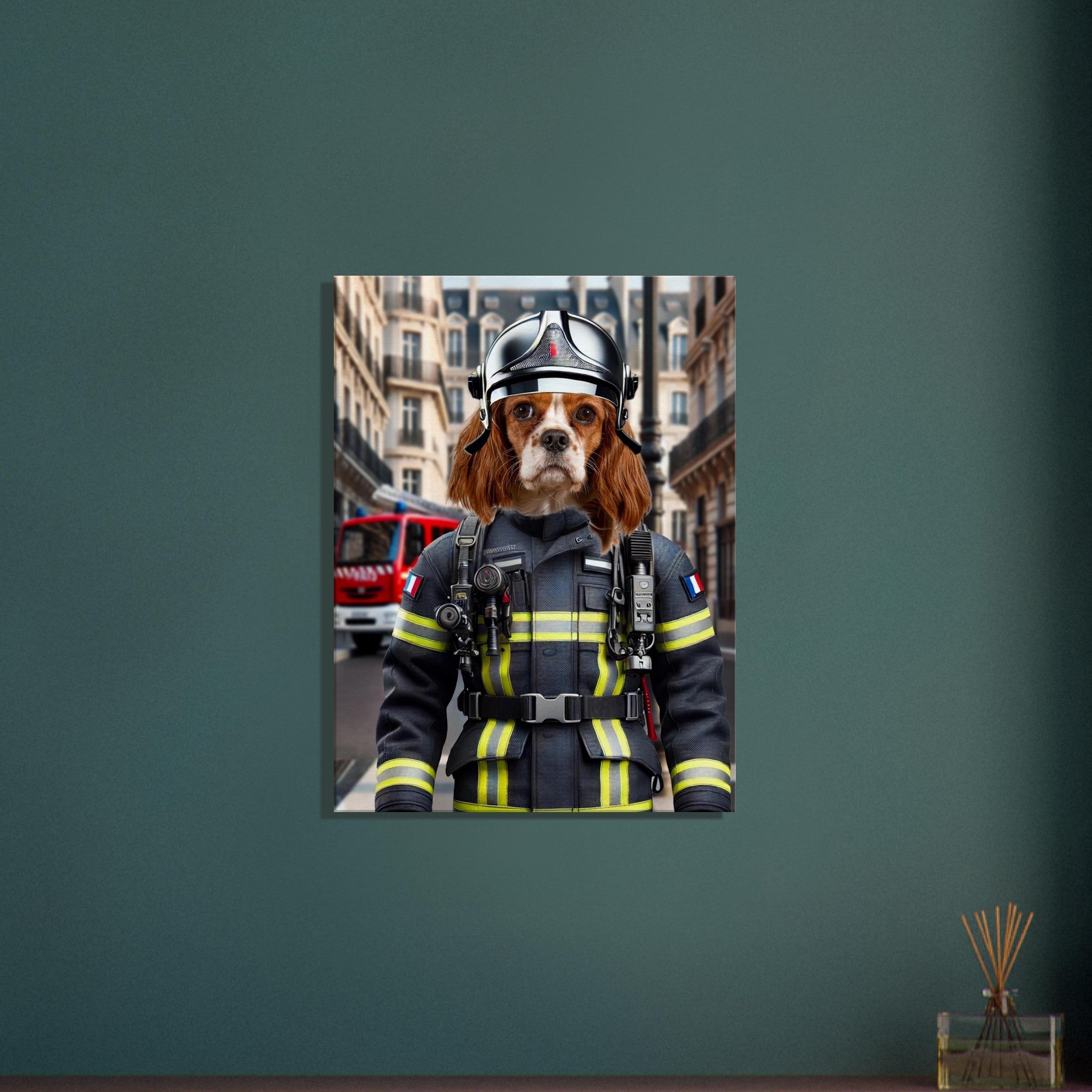 Chien Cavalier King Charles Spaniel déguisé en pompier français, casque et uniforme haute visibilité, debout devant un camion de pompiers dans une rue parisienne.