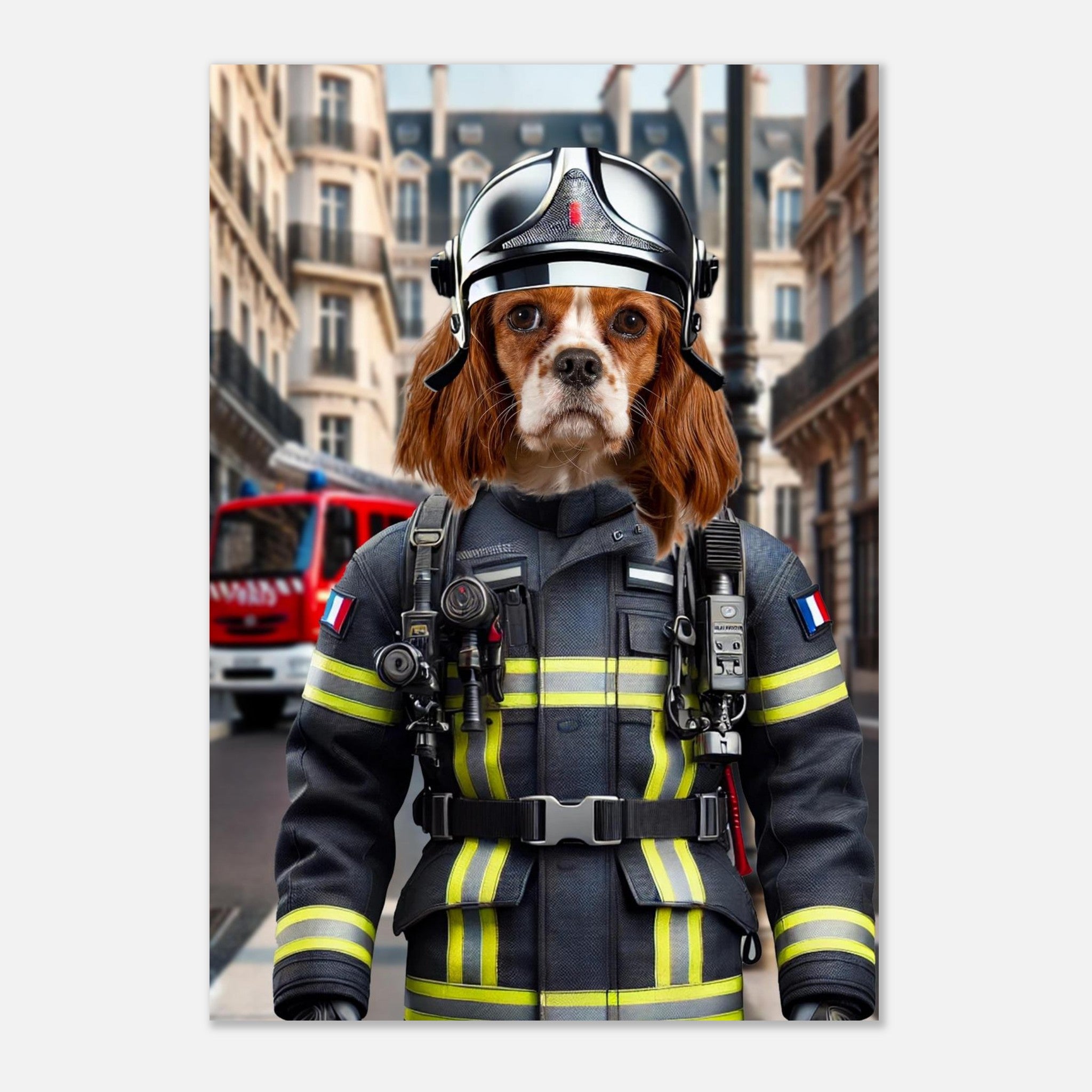 Chien Cavalier King Charles en tenue complète de pompier français (casque, veste à bandes réfléchissantes et radio) debout devant un camion de pompiers rouge dans une rue urbaine.