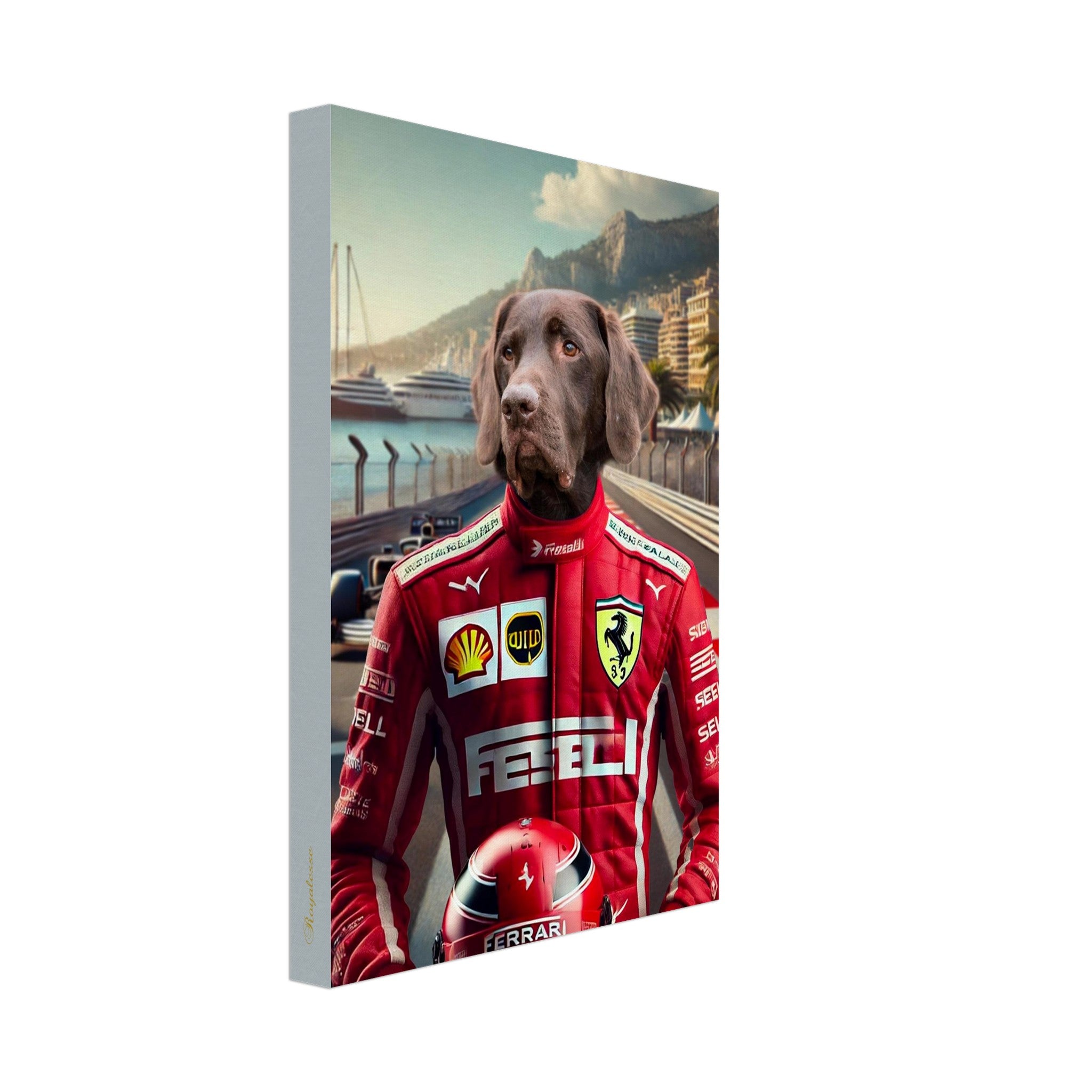 Chien labrador chocolat en combinaison de pilote Ferrari rouge tenant un casque sur un circuit de Formule 1 en bord de mer avec yachts et immeubles en arrière-plan
