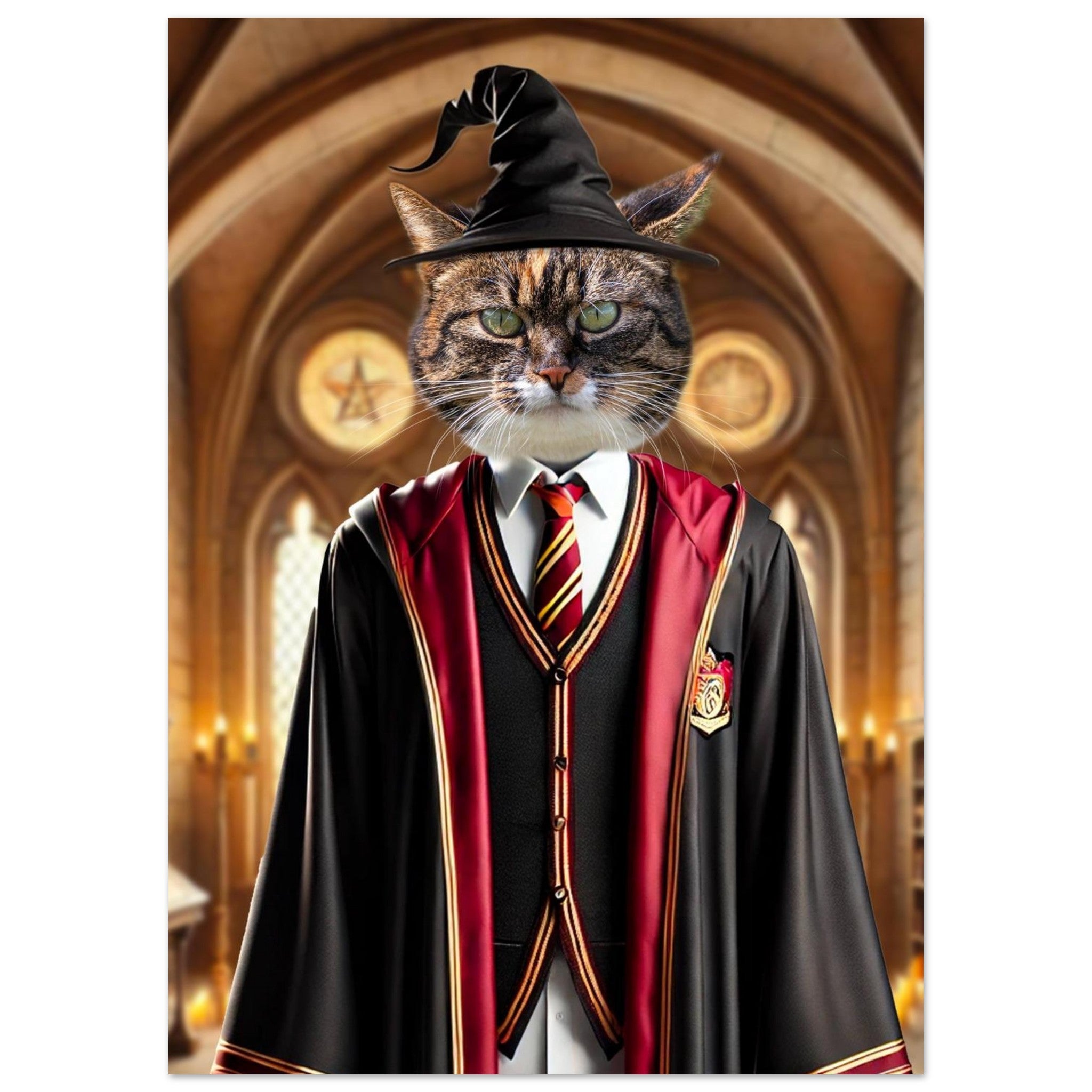 Chat tigré aux yeux verts vêtu d’une robe de sorcier noire et rouge façon Gryffindor, cravate jaune et rouge et chapeau pointu, debout dans une grande salle médiévale éclairée aux bougies.