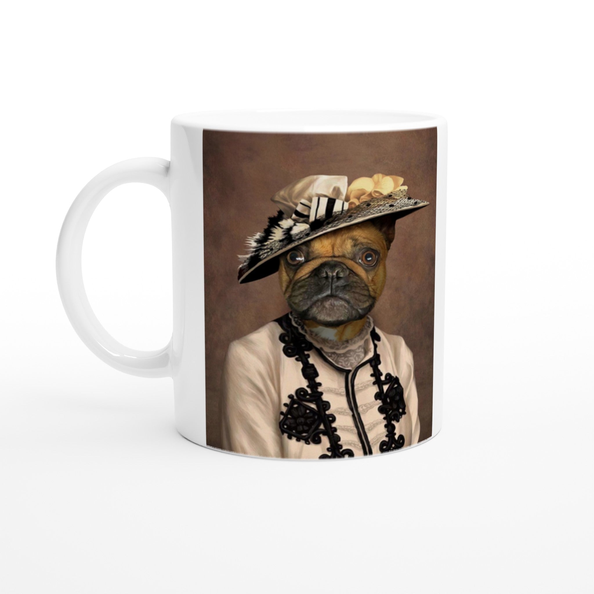 Mug ANNEES FOLLES avec portrait chien costumé, imprimé en France sur papier FSC, élégance et originalité pour vos boissons quotidiennes.