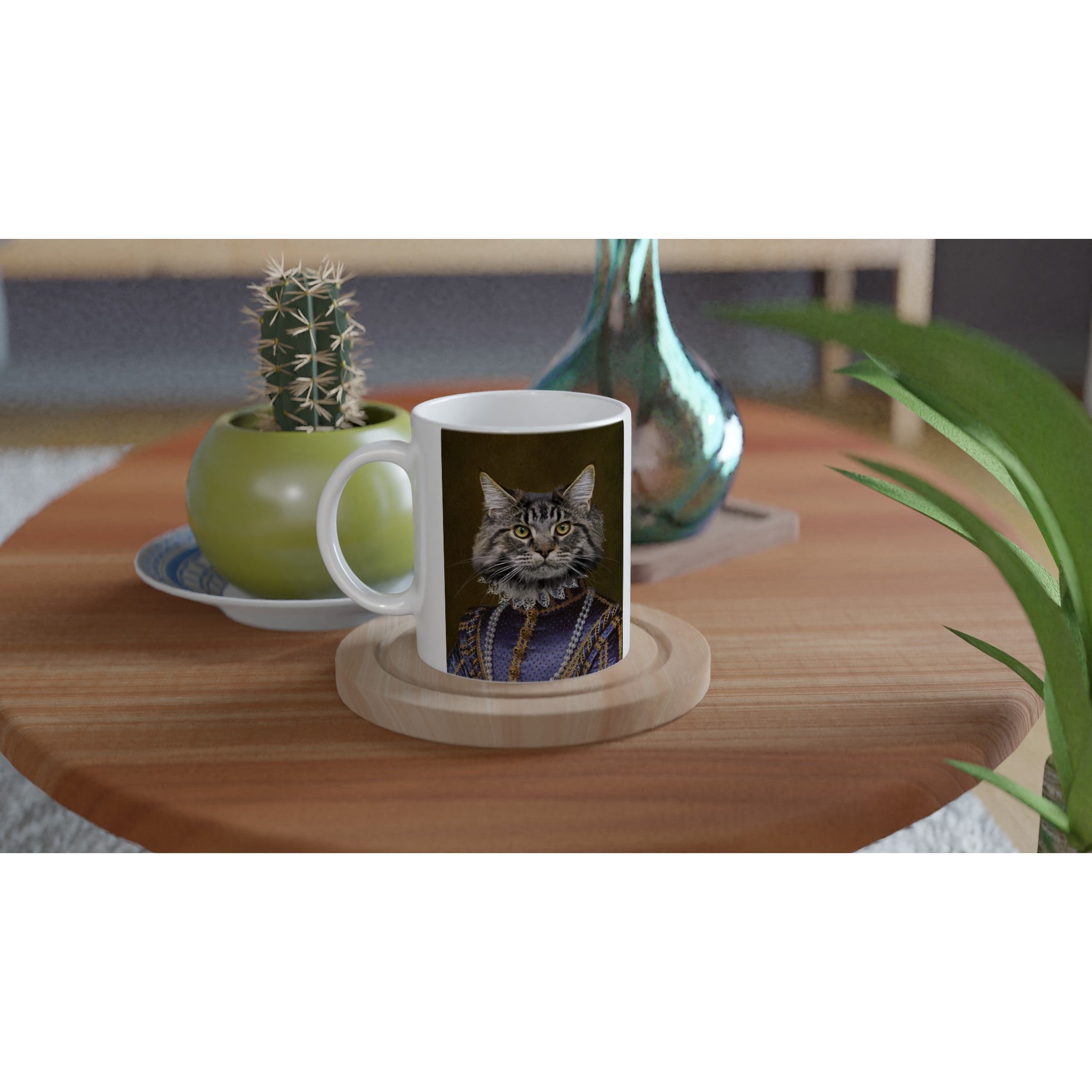 Tasse personnalisée avec portrait d'animal en costume, céramique imprimée en France, papier FSC, design élégant sur table en bois.