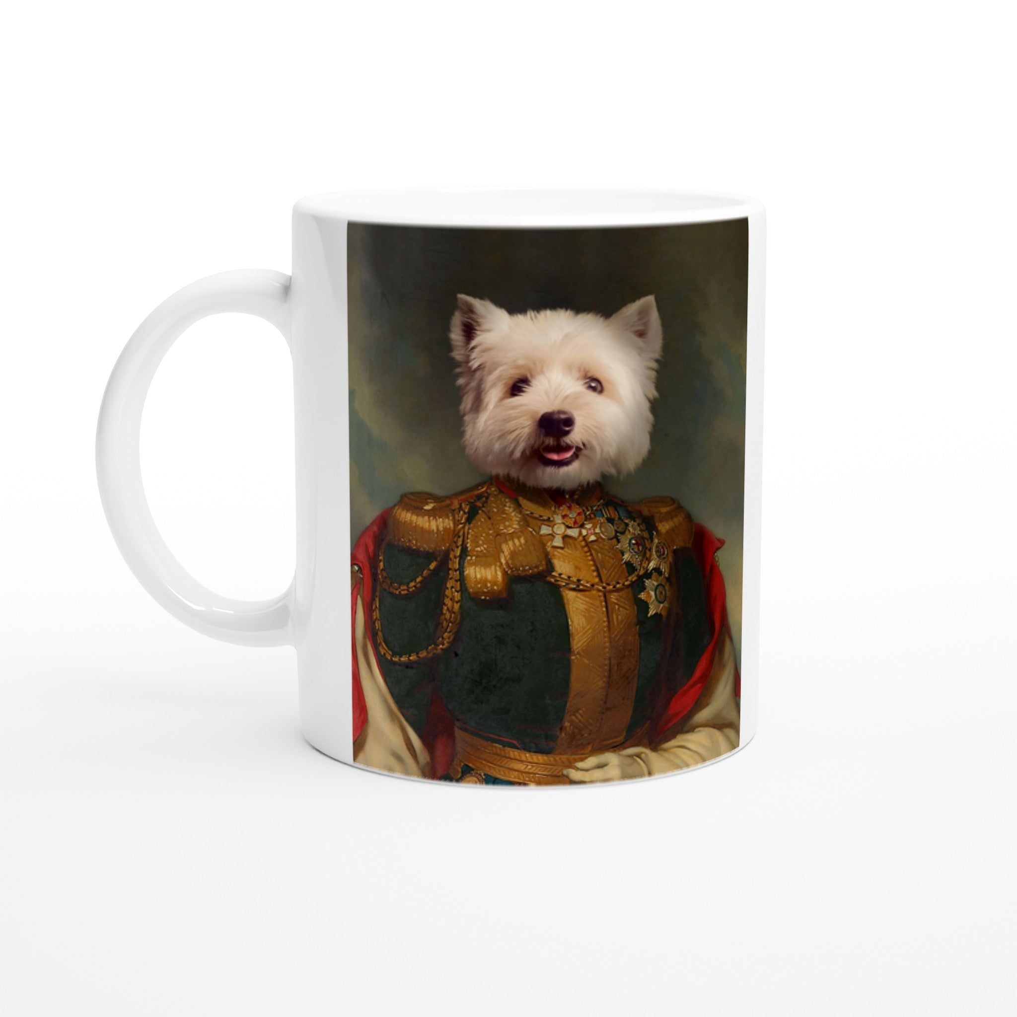 Tasse personnalisée en céramique avec animal en costume, imprimé en France, avec papier FSC, sur fond blanc.