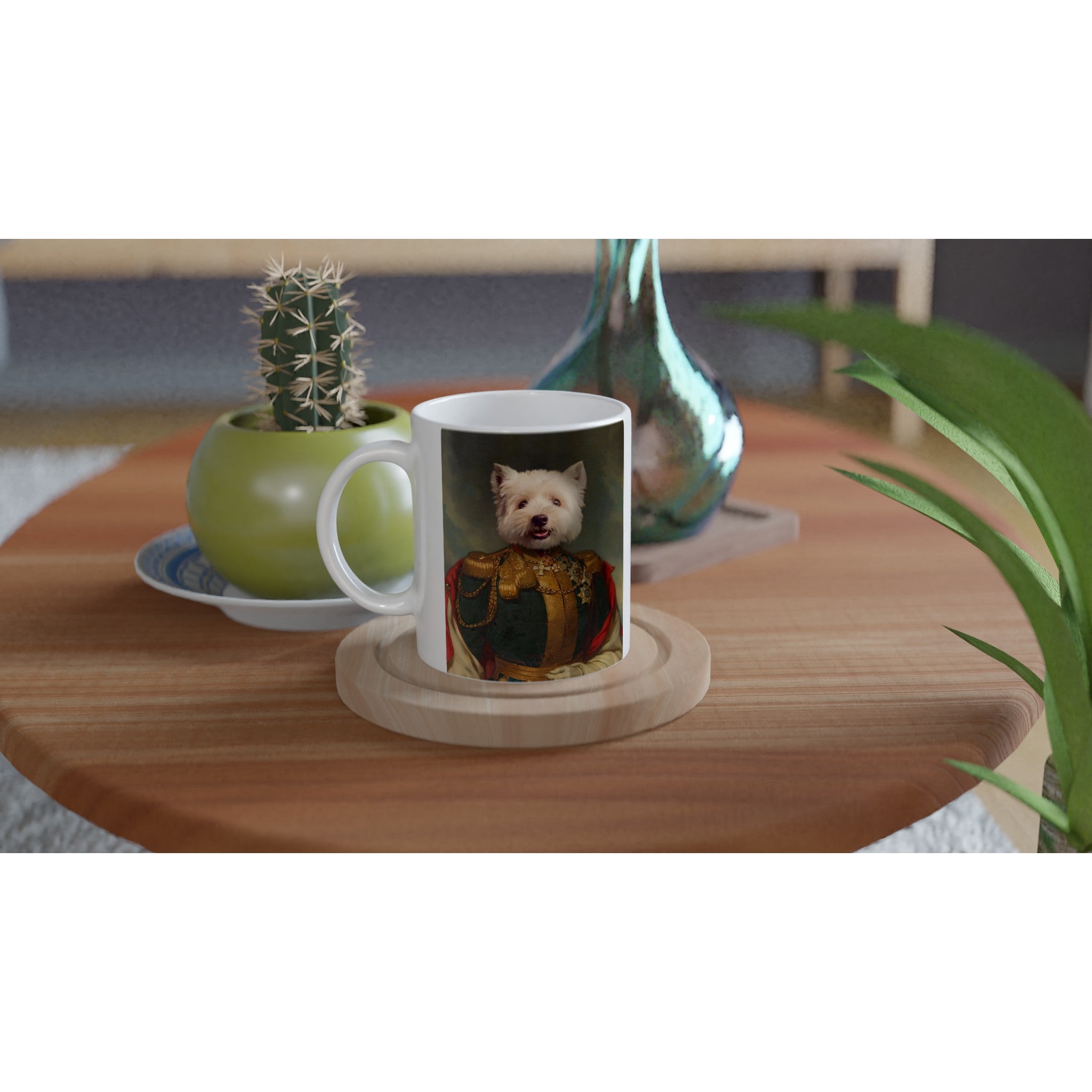 Mug personnalisé avec portrait d'animal en costume, imprimé en France, sur table avec plantes, design élégant et original, papier FSC.