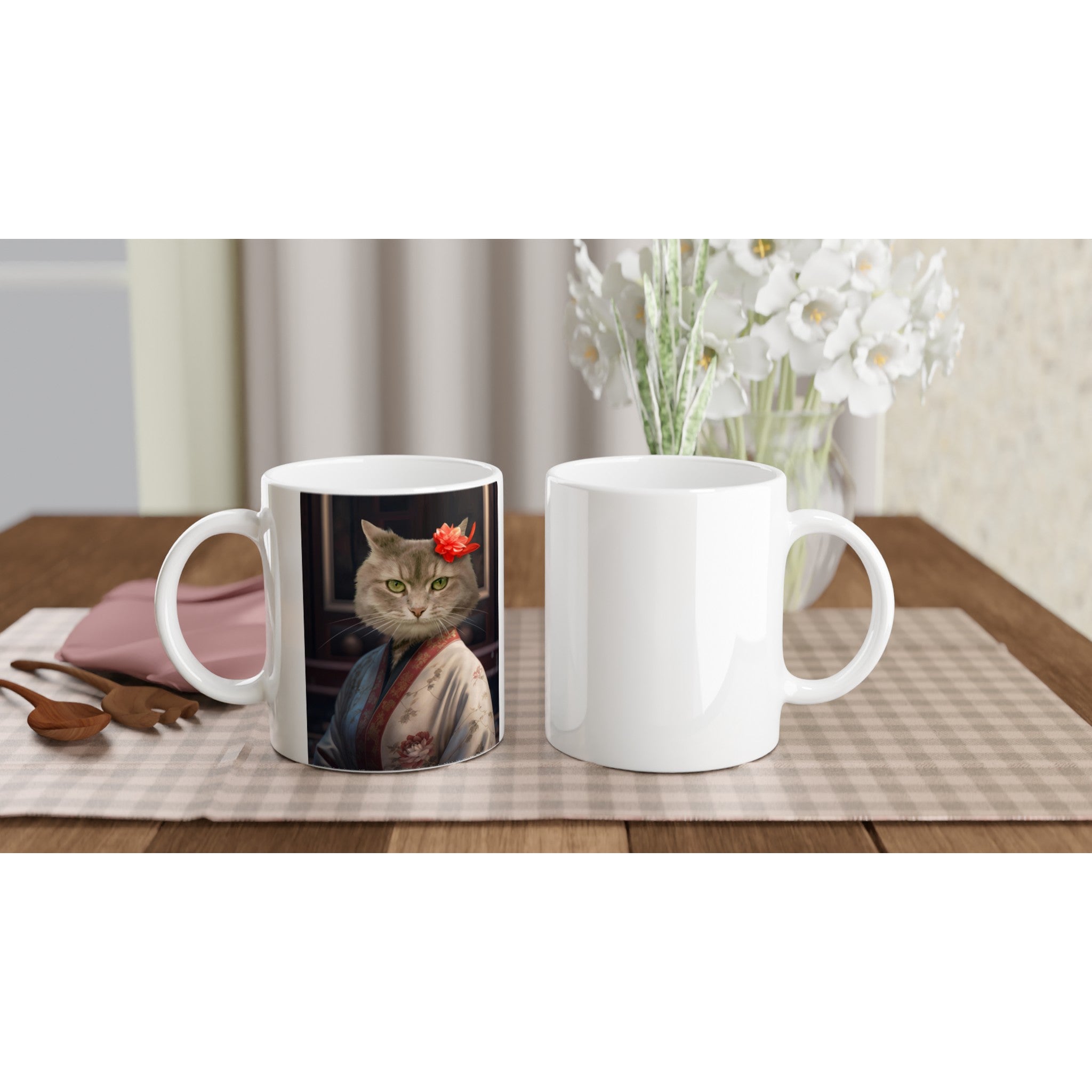 Mug en céramique avec portrait animal personnalisé, imprimé en France, design élégant et original, papier FSC, chat en costume.