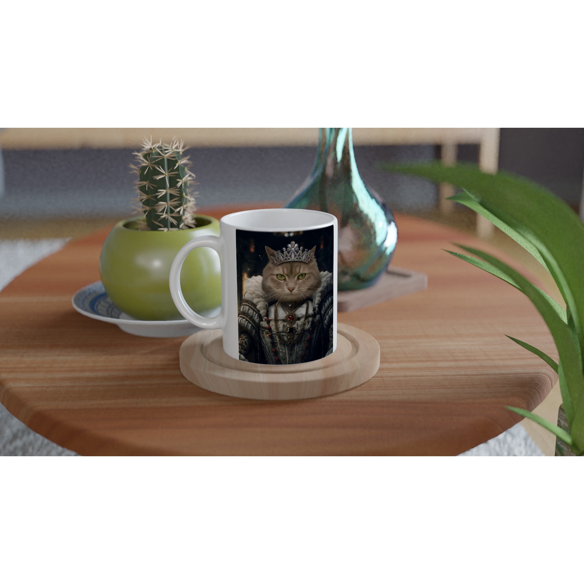 Mug céramique avec portrait animal en costume royal, imprimé en France. Idéal pour un instant café élégant et original, papier FSC inclus.