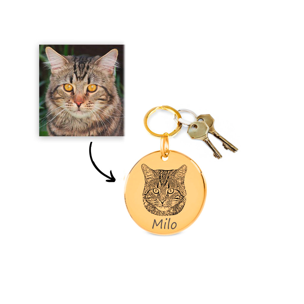 Porte-clés personnalisé réalisé en France avec photo gravée d'un chat nommé Milo.