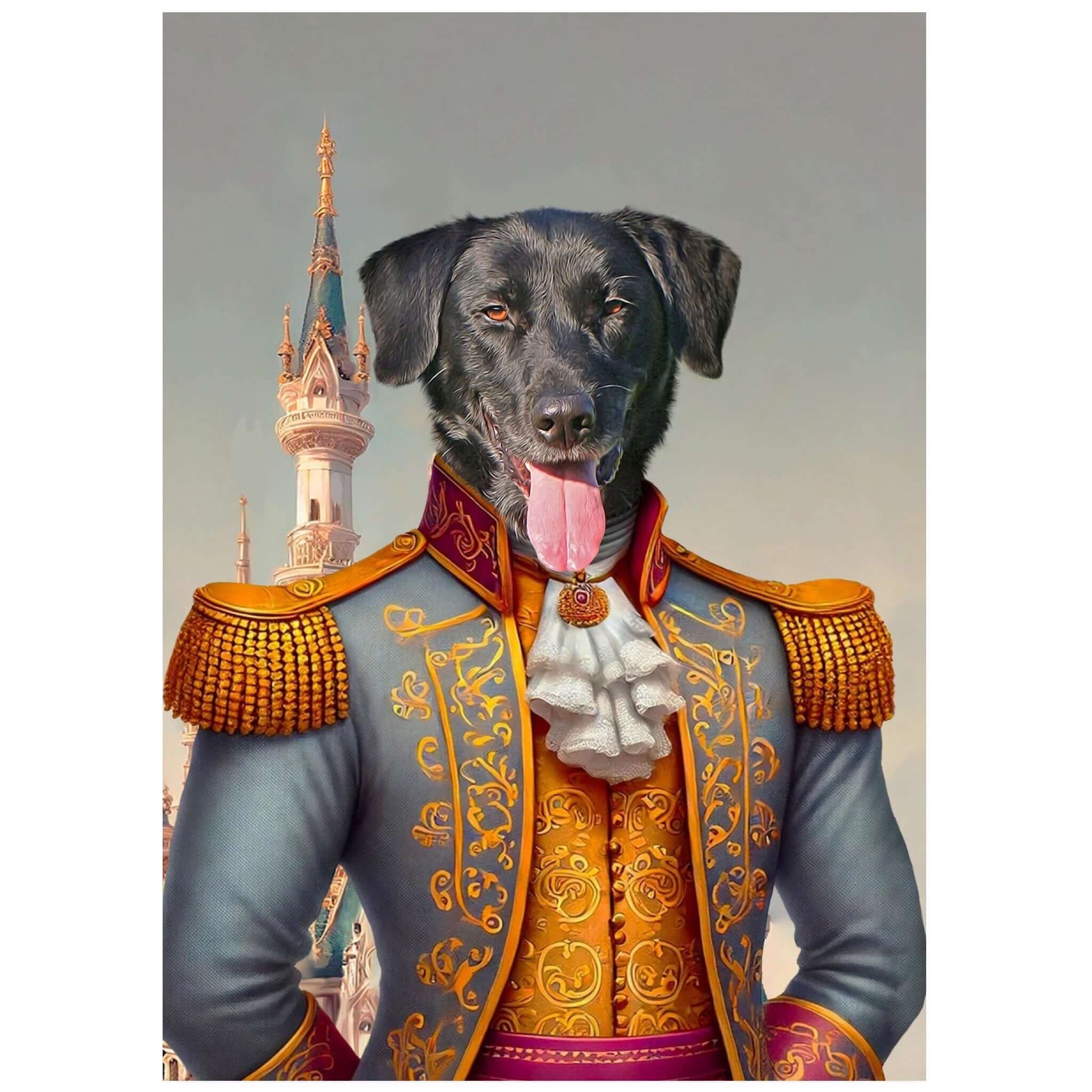 Portrait personnalisable Prince Charmant d'un chien en tenue royale, imprimé en France sur papier mat FSC, sans cadre.