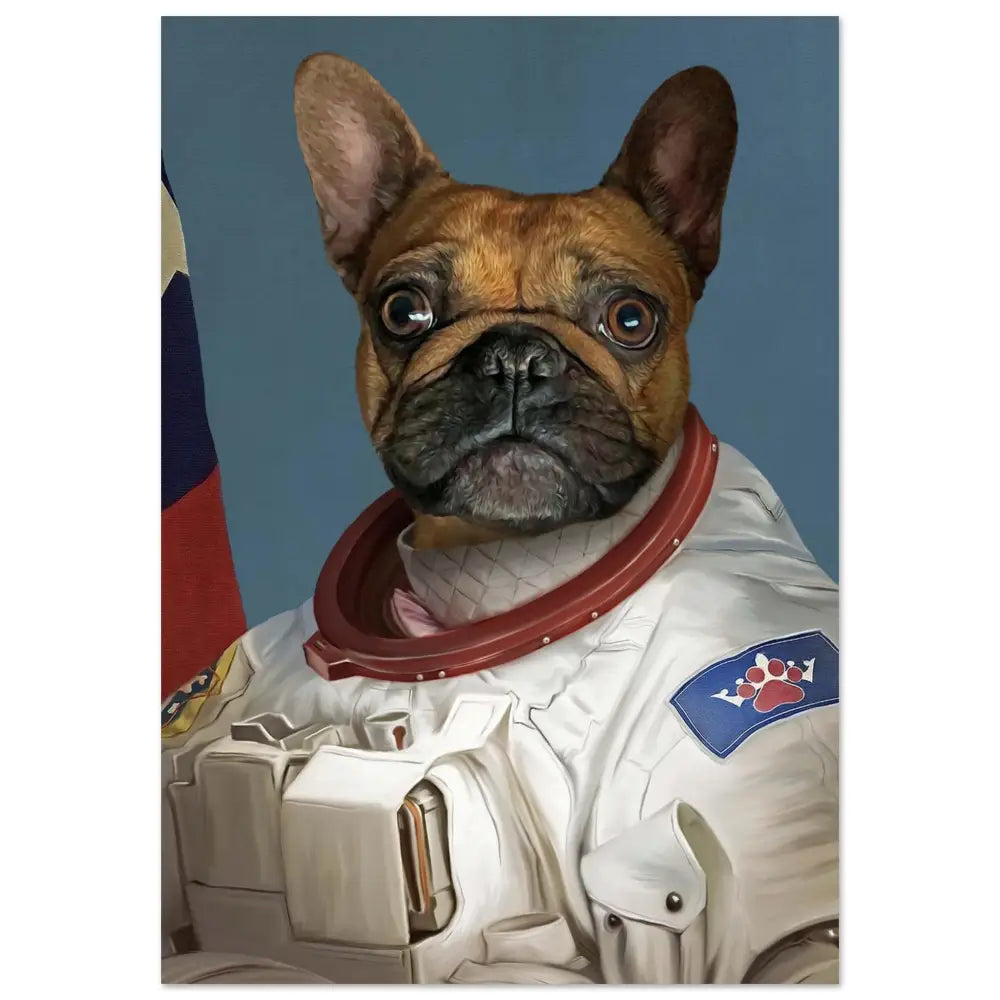 Portrait d'un chien en astronaute, imprimé en France sur papier FSC durable. Idéal pour une décoration originale et unique.