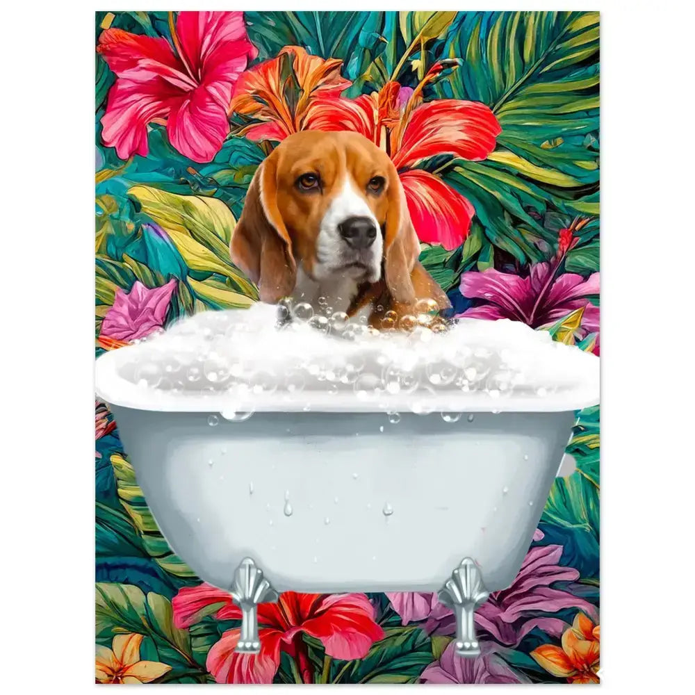 Portrait d'un chien dans une baignoire, affiche personnalisée imprimée en France sur papier FSC, fond tropical coloré.