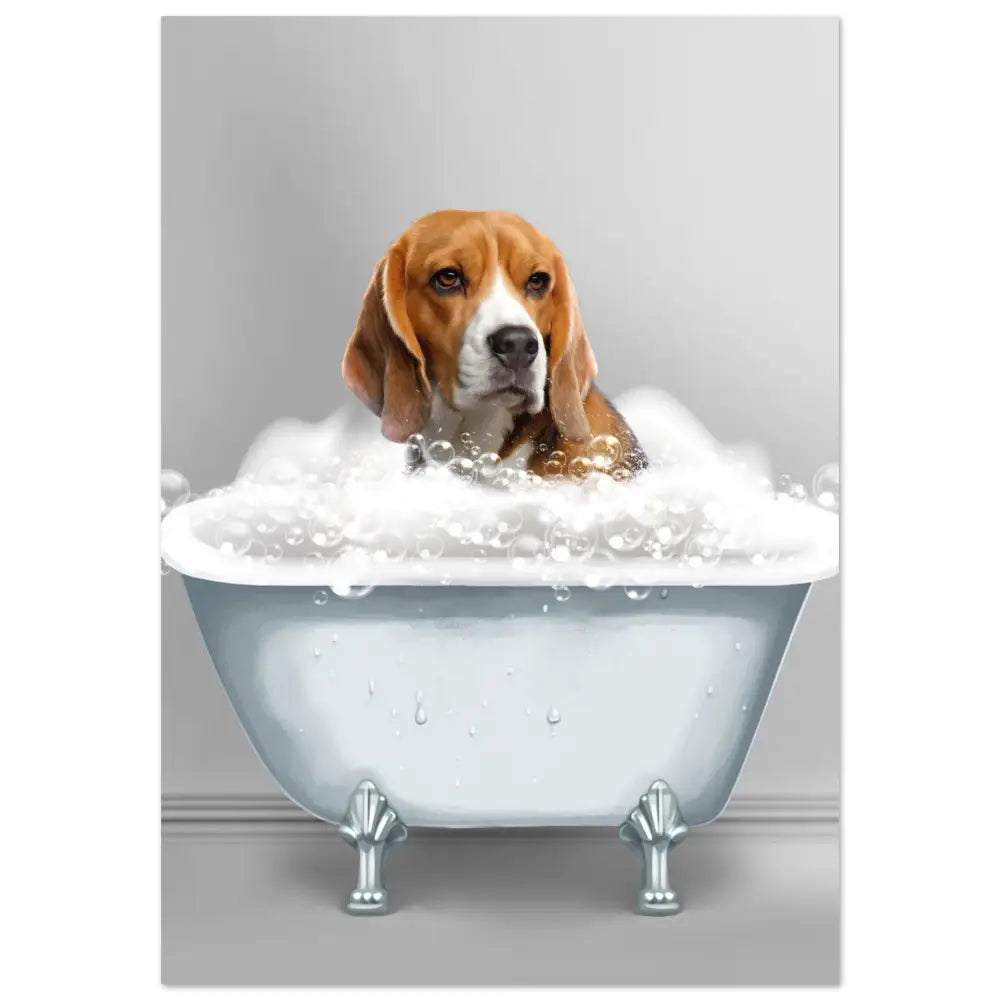 Poster BAIGNOIRE avec portrait de chien dans une baignoire, imprimé en France sur papier FSC, image d'animal personnalisé.