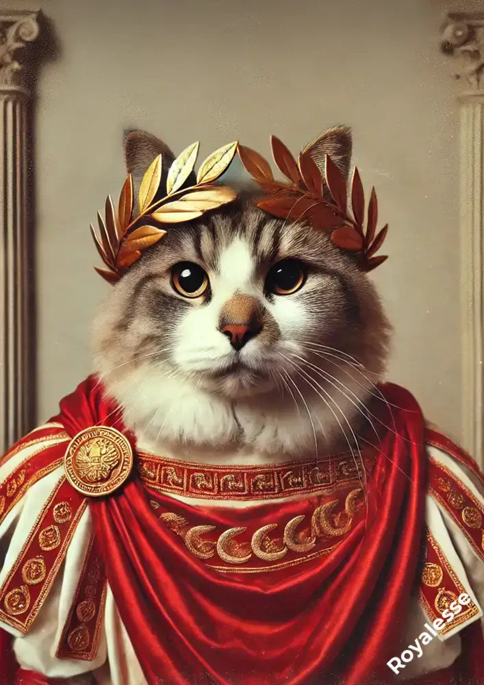 Portrait personnalisé de chat en empereur romain, imprimé en France sur papier FSC, cadre non fourni.