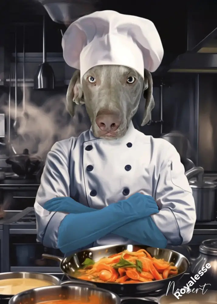 Portrait personnalisé d'un chien chef dans une cuisine, imprimé en France sur papier FSC mat, sans cadre, expédition sûre.