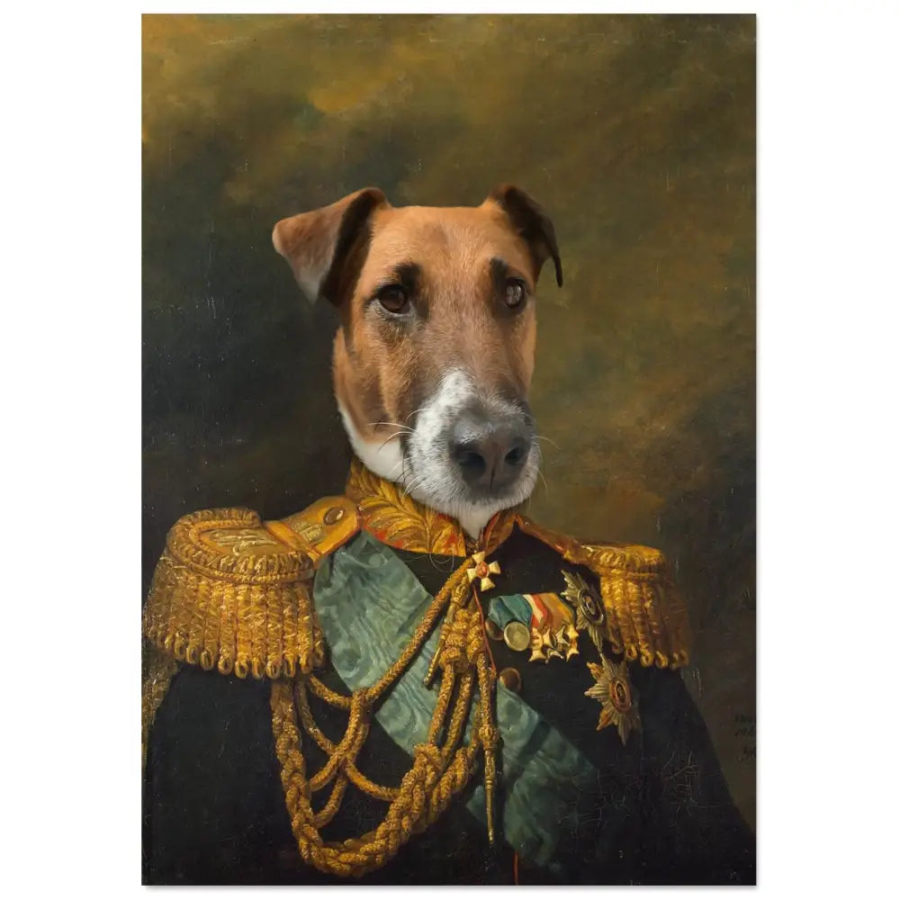 Portrait personnalisé d'animal en uniforme de colonel, imprimé en France sur papier FSC, sans cadre.