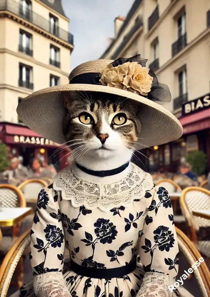 Portrait personnalisé de chat avec chapeau, imprimé en France sur papier FSC, dans une scène parisienne.