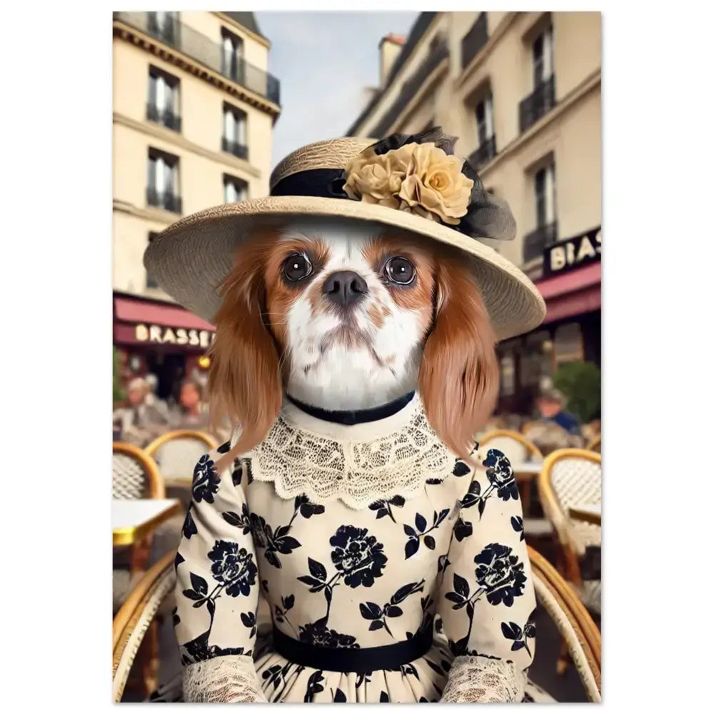 Portrait personnalisé d'un chien élégamment habillé avec un chapeau, imprimé en France sur papier FSC de qualité.