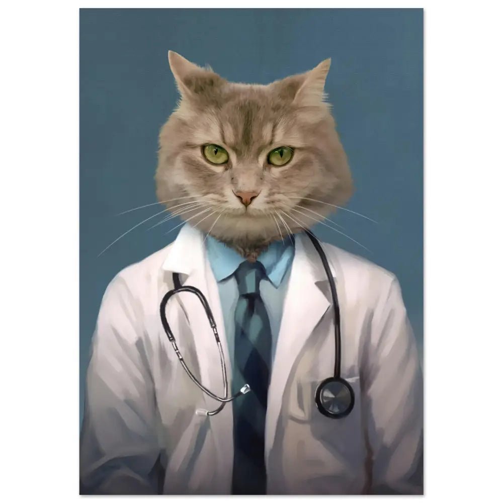 Portrait personnalisé de chat déguisé en docteur, imprimé en France sur papier mat durable FSC, sans cadre.