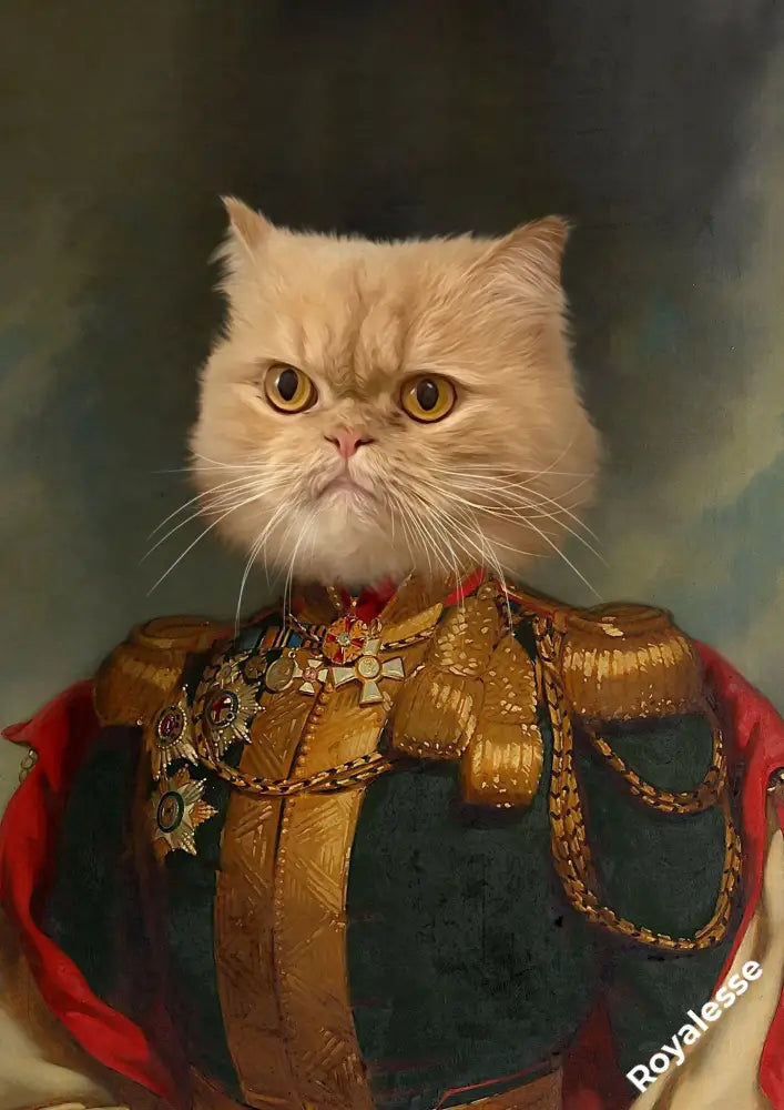 Portrait personnalisé d'un chat en tenue royale, imprimé en France sur papier FSC, sans cadre.