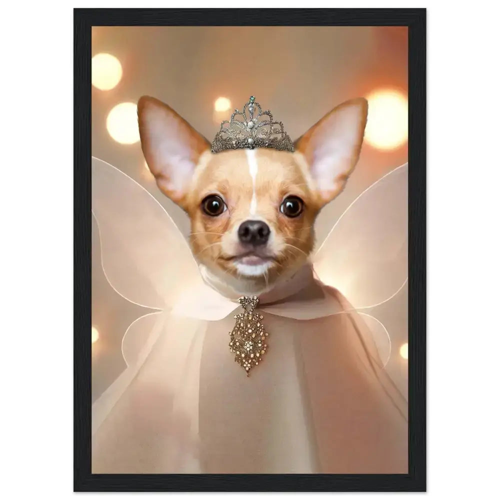 Portrait d'animal personnalisé sur papier FSC, imprimé en France, montrant un chien avec une couronne et des ailes féeriques.