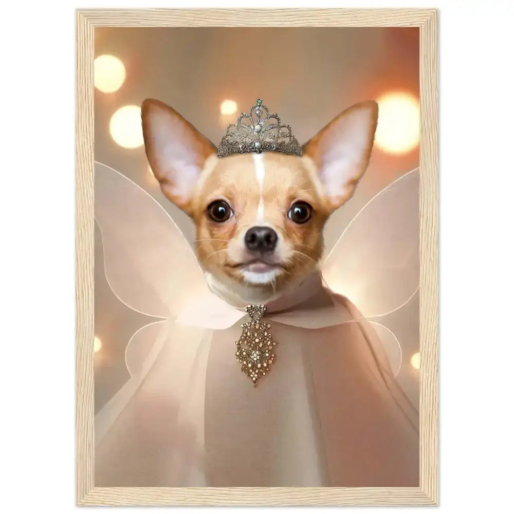 Portrait d'animal personnalisé imprimé en France sur papier FSC, chiot en tenue féérique sur fond lumineux, sans cadre.