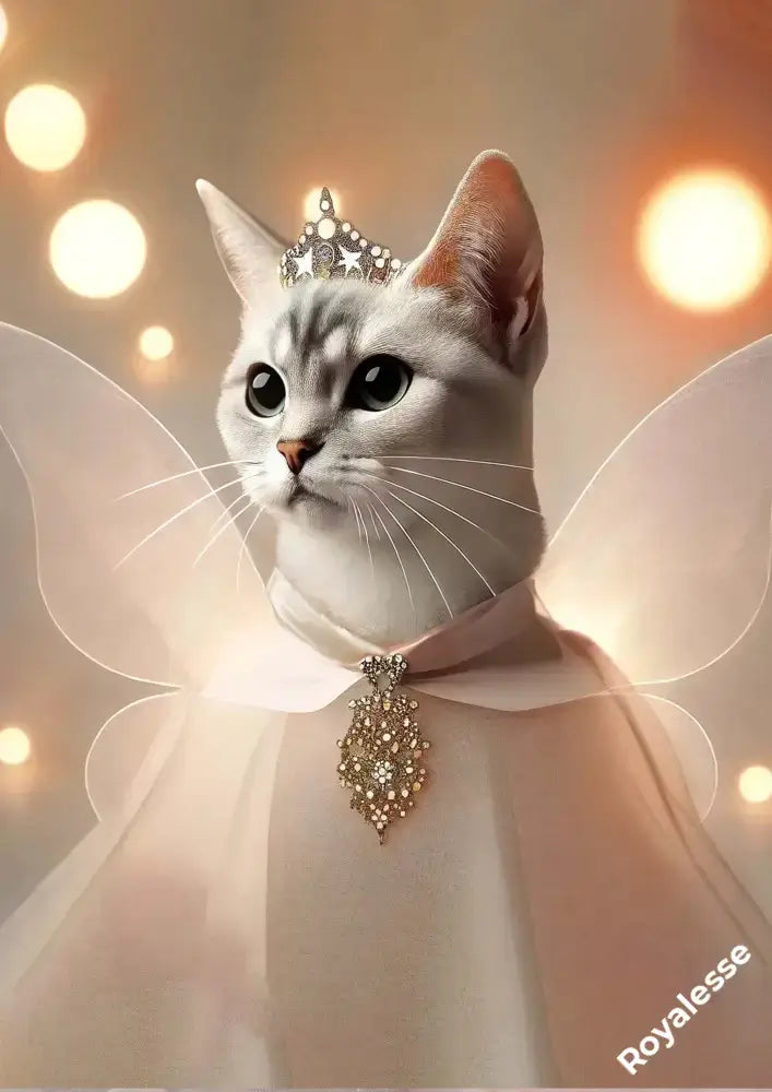 Portrait personnalisé de chat royal avec diadème, imprimé en France sur papier FSC de haute qualité, idéal pour décoration.