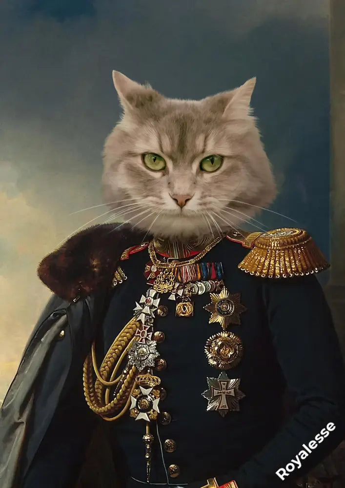 Portrait personnalisé de chat imprimé en France sur papier FSC, représentant un chat en uniforme militaire décoré.