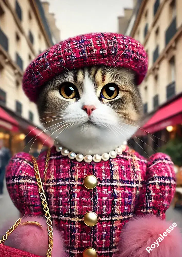 Portrait d'un chat élégant en costume rose, imprimé en France sur papier FSC, arrière-plan urbain de style parisien.