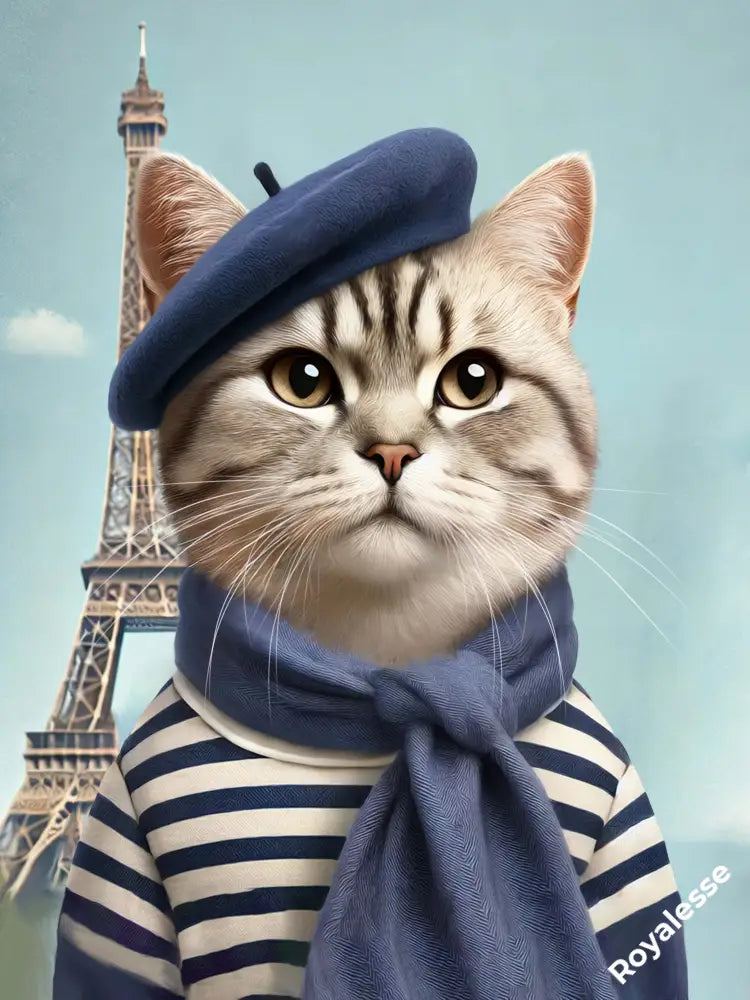 Affiche "Le Parisien" d'un chat en béret, imprimé en France sur papier FSC, devant la Tour Eiffel.