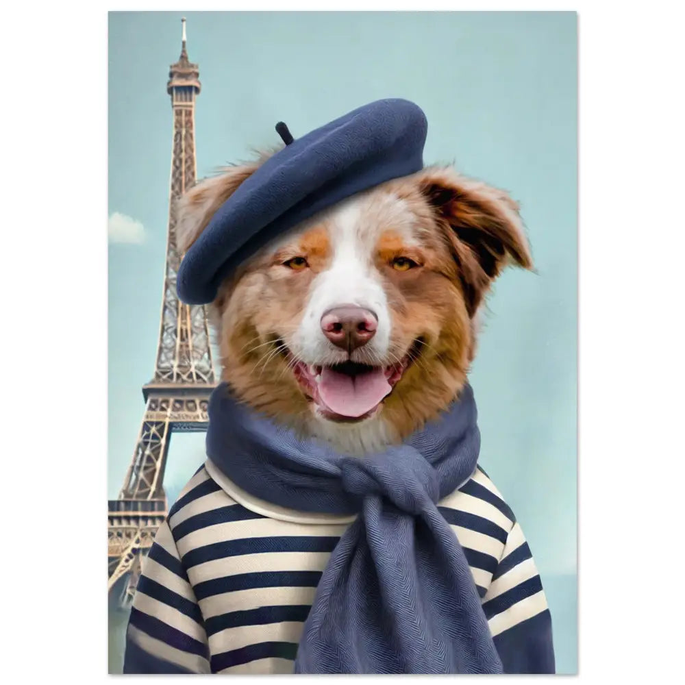 Portrait d'un chien en béret devant la Tour Eiffel, imprimé en France sur papier FSC durable.