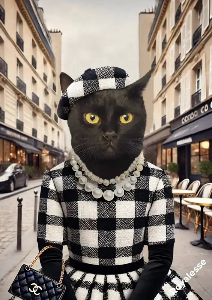 Chat élégant en tenue à carreaux noir et blanc, collier de perles, imprimé en France sur papier FSC durable.