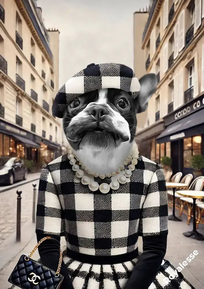 Portrait animal personnalisé avec un chien élégant en noir et blanc, imprimé en France sur papier FSC, fond urbain parisien.