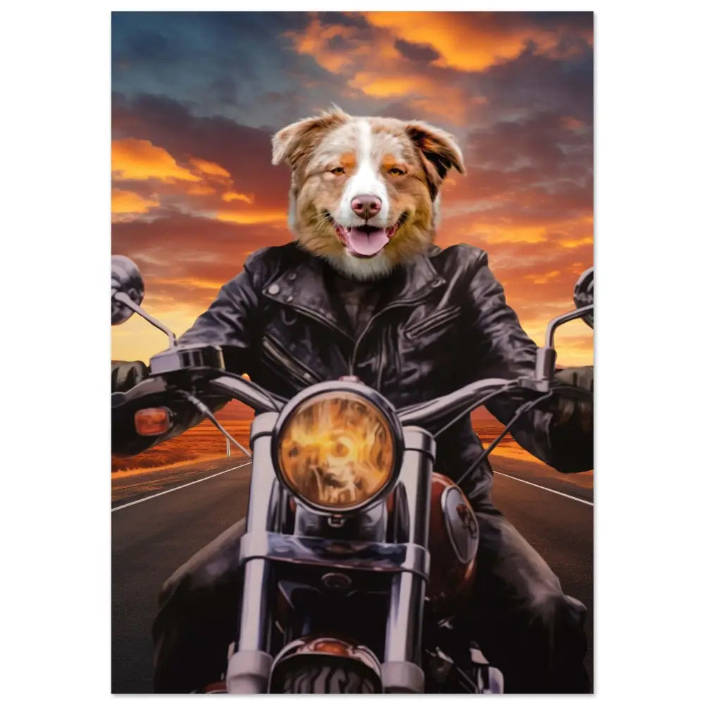 Portrait d'animal en motard, imprimé en France sur papier FSC. Image de chien habillé en blouson cuir sur moto au coucher du soleil.