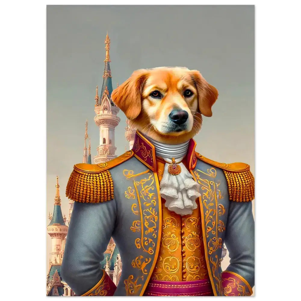 Portrait personnalisable "Prince Charmant" d'un chien en costume élégant, imprimé en France sur papier FSC.