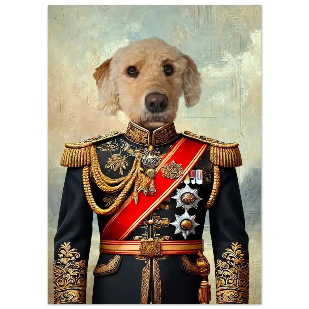 Portrait personnalisé d'un chien en uniforme de prince, imprimé en France sur papier FSC mat, sans cadre.