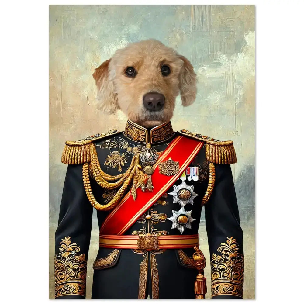 Portrait personnalisé d'un chien en habit royal, imprimé en France sur papier FSC, sans cadre.