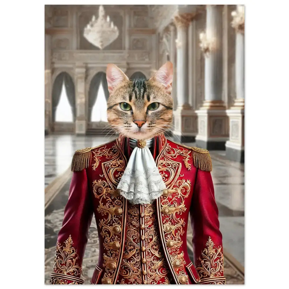 Portrait personnalisé Chat Prince de Versailles, imprimé en France sur papier FSC, cadre non fourni, décor royal en arrière-plan.