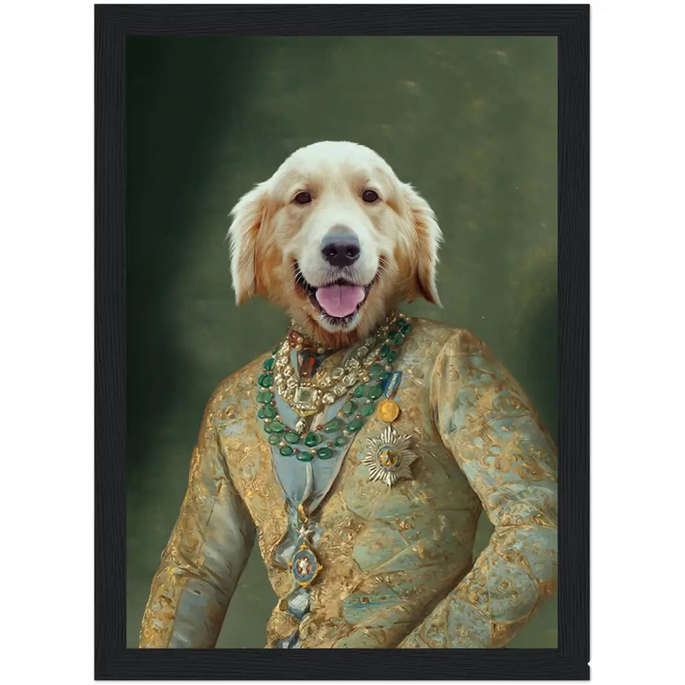 Portrait d'un chien royal avec tenue ornée, imprimé en France sur papier FSC, cadre non inclus.