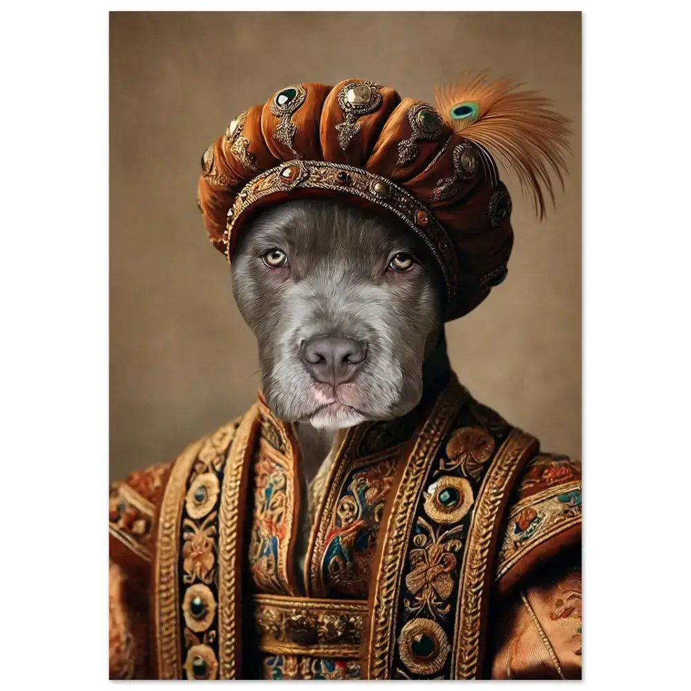 Portrait personnalisé d'un chien en costume ottoman, imprimé en France sur papier FSC, illustration d'un cadre animalier unique.