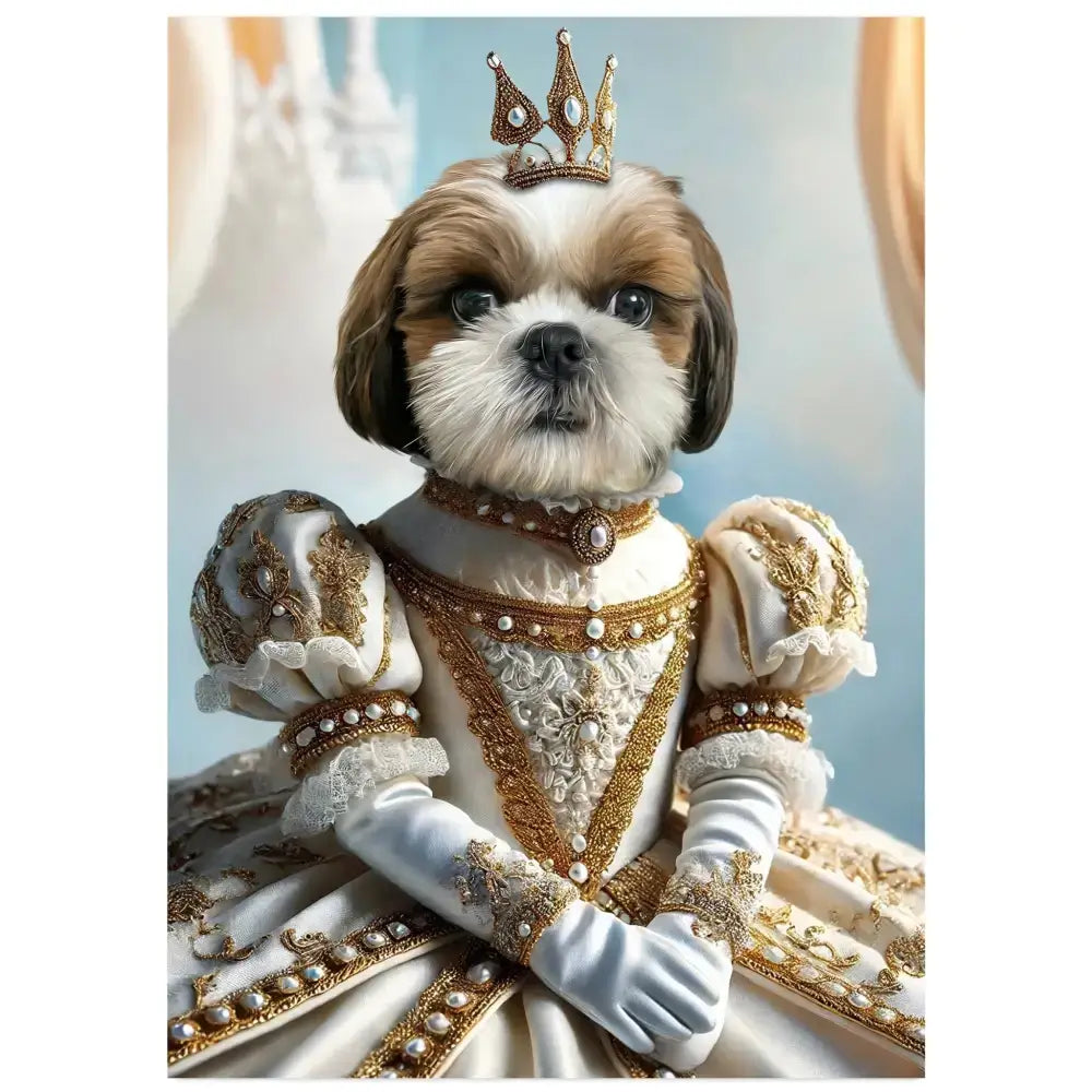 Portrait personnalisé de chien en robe de princesse, imprimé en France sur papier FSC.